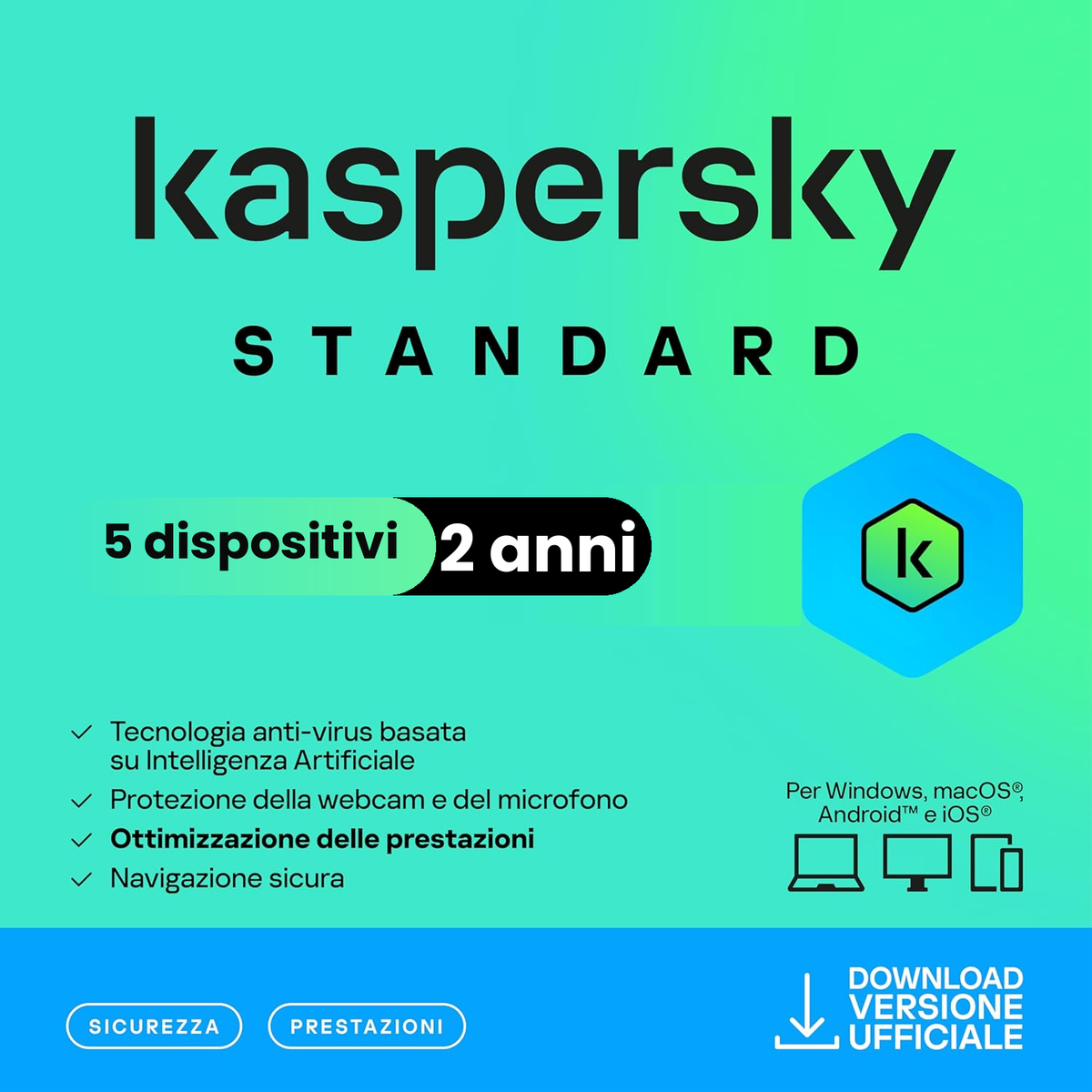 Kaspersky Standard (ex Kaspersky Anti-Virus) 5 Dispositivi - 2 Anni - Windows Mac Android iOs