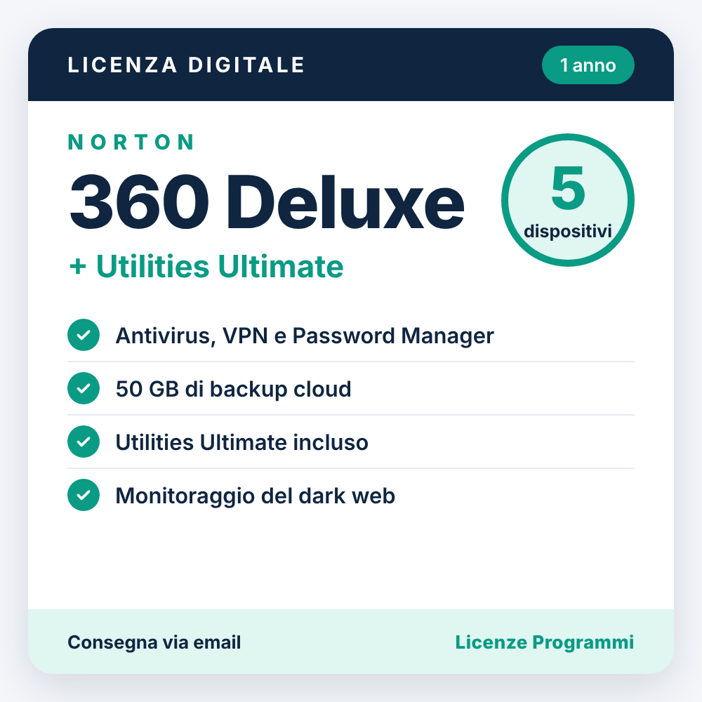 Norton 360 Deluxe + Utilities Ultimate – 5 Dispositivi – 1 Anno – Win/Mac/iOS – Licenza ESD