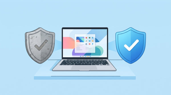 Un vecchio scudo grigio che lascia il portatile mentre ne entra uno nuovo azzurro