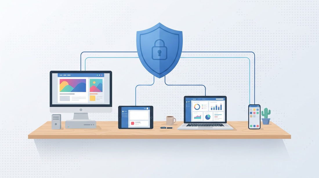 Scudo di protezione collegato a PC, tablet, portatile e smartphone su una scrivania