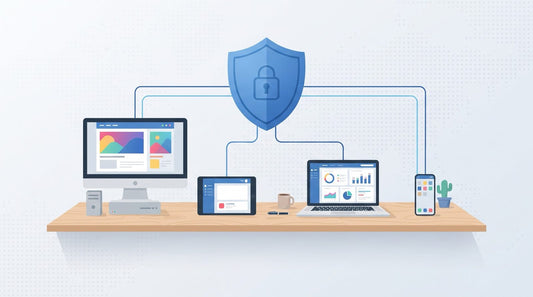 Scudo di protezione collegato a PC, tablet, portatile e smartphone su una scrivania