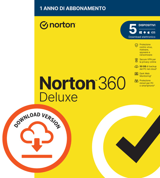 Norton 360 DeLuxe 2026 5 PC Dispositivi 1 Anno iOs Mac Windows VPN ESD immagine