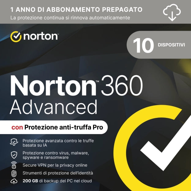 Norton 360 Advanced – 10 Dispositivi – 1 Anno – Win/Mac/iOS/Android – Licenza ESD