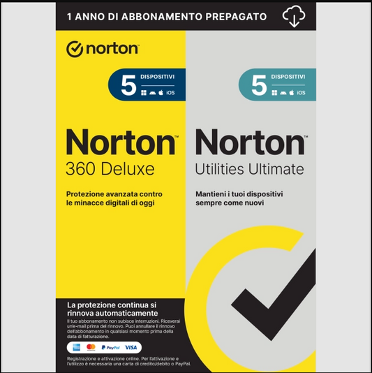 Norton 360 Deluxe + Utilities Ultimate – 5 Dispositivi – 1 Anno – Win/Mac/iOS – Licenza ESD