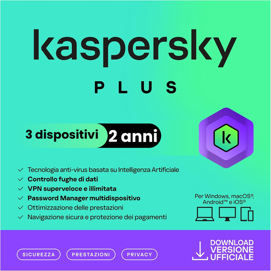 Kaspersky Plus Internet Security | 3 dispositivi | 2 anni | Con Anti-Phishing e Firewall | VPN illimitata | Password Manager | Protezione banking online | PC/Mac/mobili | Attivazione e-mail