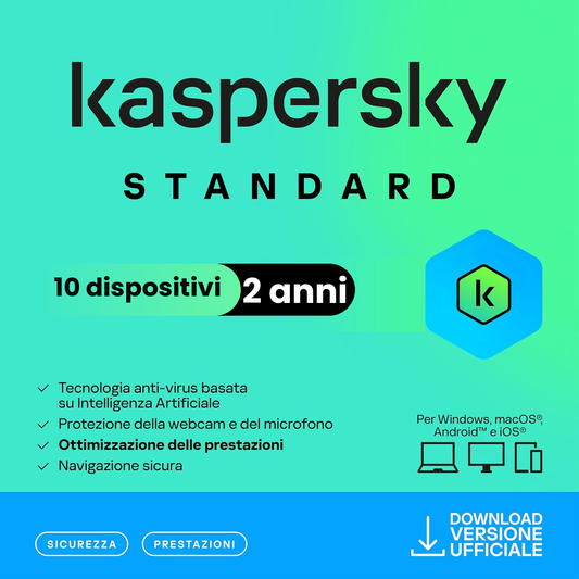 Kaspersky Standard (ex Kaspersky Anti-Virus) 10 Dispositivi - 2 Anni - Windows Mac Android iOs