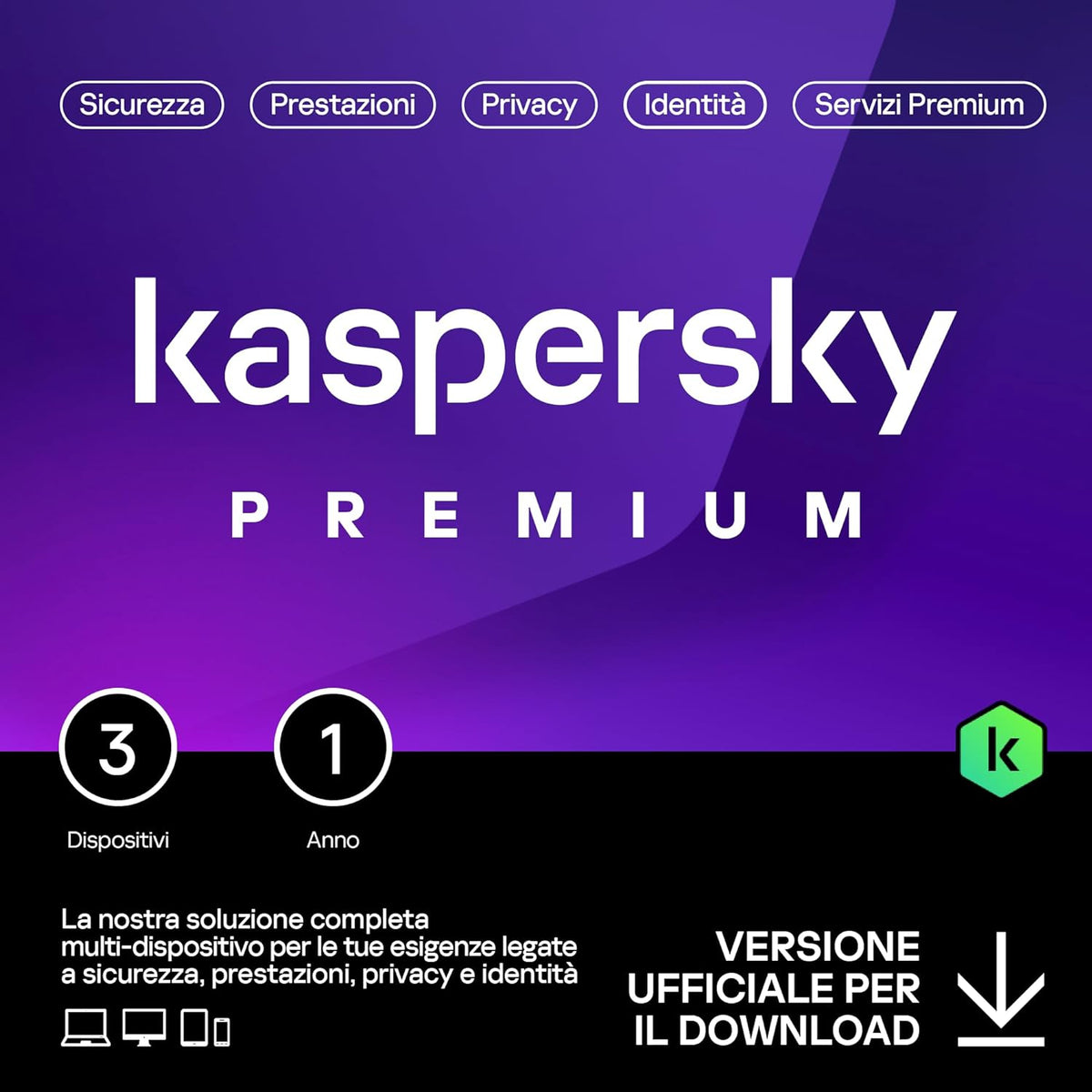 Kaspersky Premium Total Security | 3 dispositivi | 1 anno | Anti-Phishing e Firewall | VPN illimitata | Password Manager | Parental Control | Assistenza 24/7 | PC/Mac/mobili | Attivazione e-mail