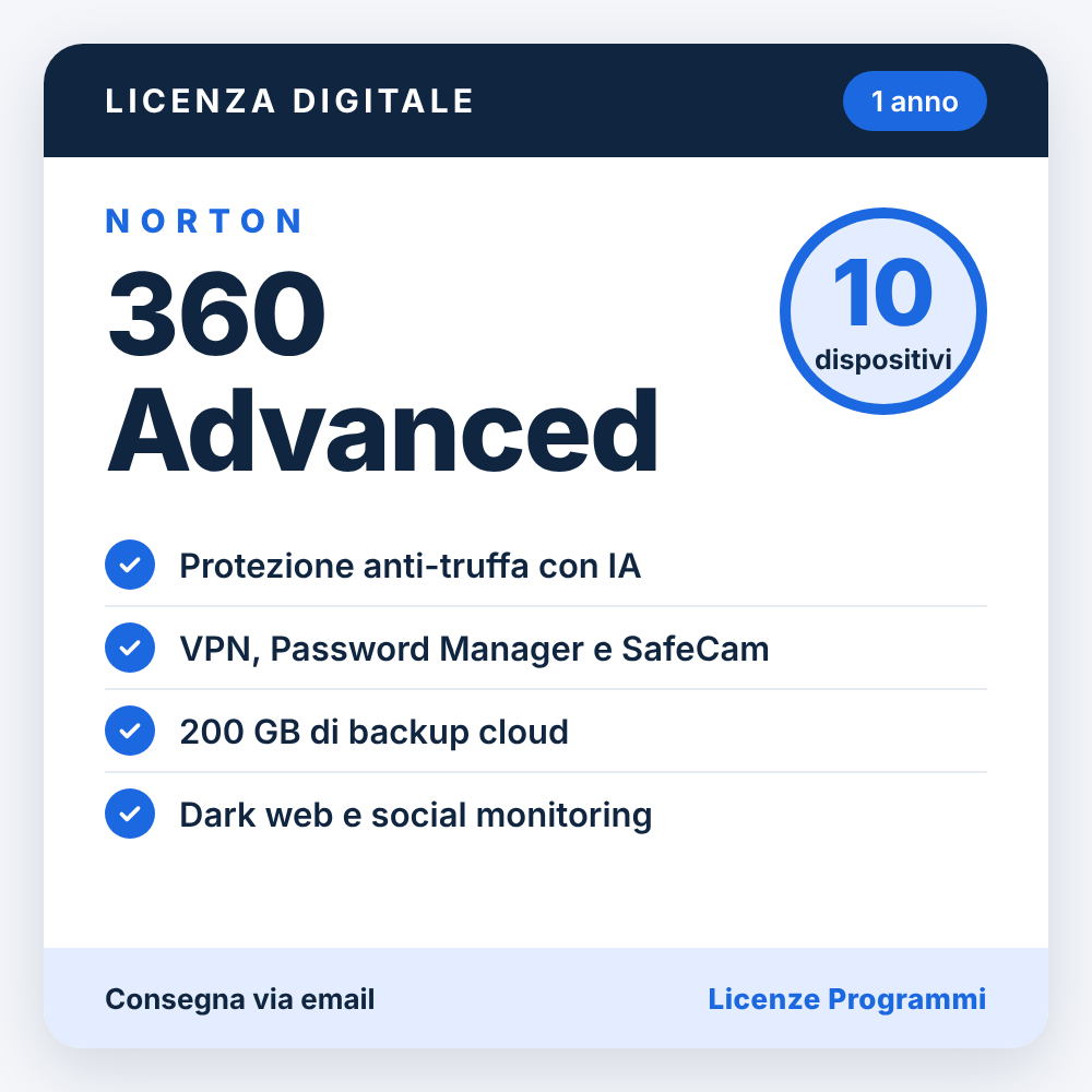 Norton 360 Advanced – 10 Dispositivi – 1 Anno – Win/Mac/iOS/Android – Licenza ESD